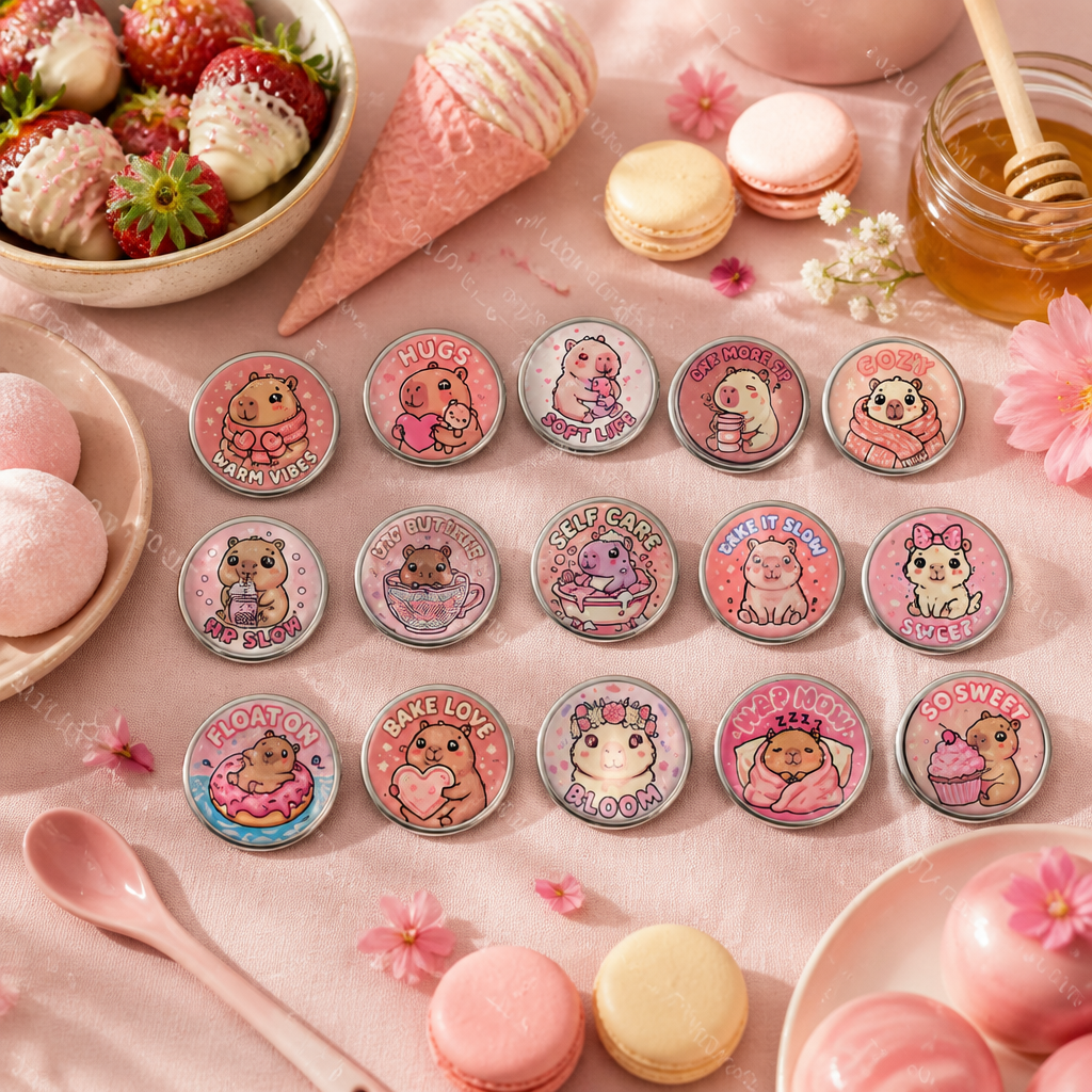 Pink Capybara | Sweet Snacks & Cozy Vibes | Build Your Own Set of 3 | 37mm (1.5") Button Pins