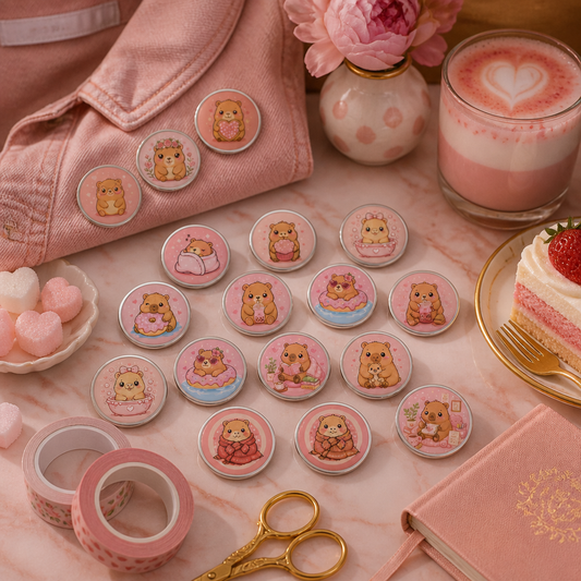 Pink Capybara | Cozy Days & Happy Hearts | Build Your Own Set of 3 | 37mm (1.5") Button Pins