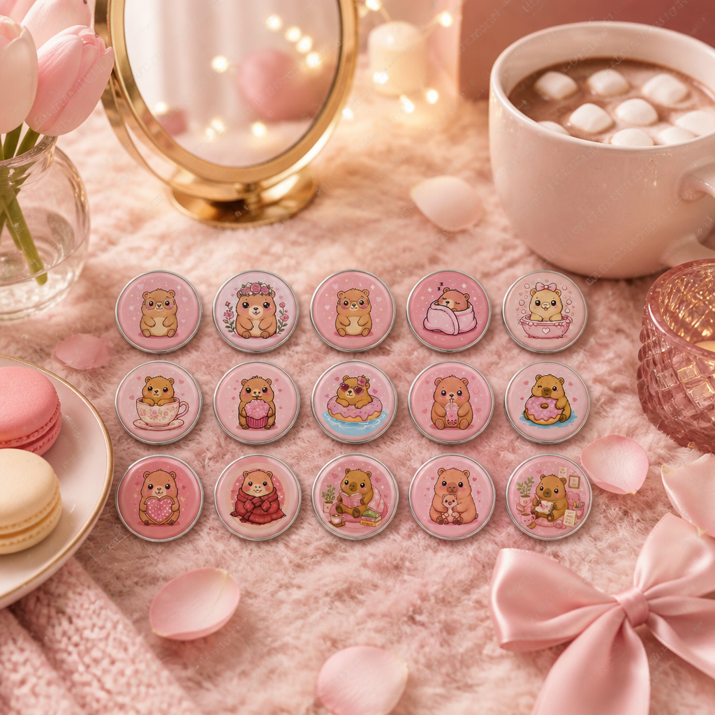 Pink Capybara | Cozy Days & Happy Hearts | Build Your Own Set of 3 | 37mm (1.5") Button Pins