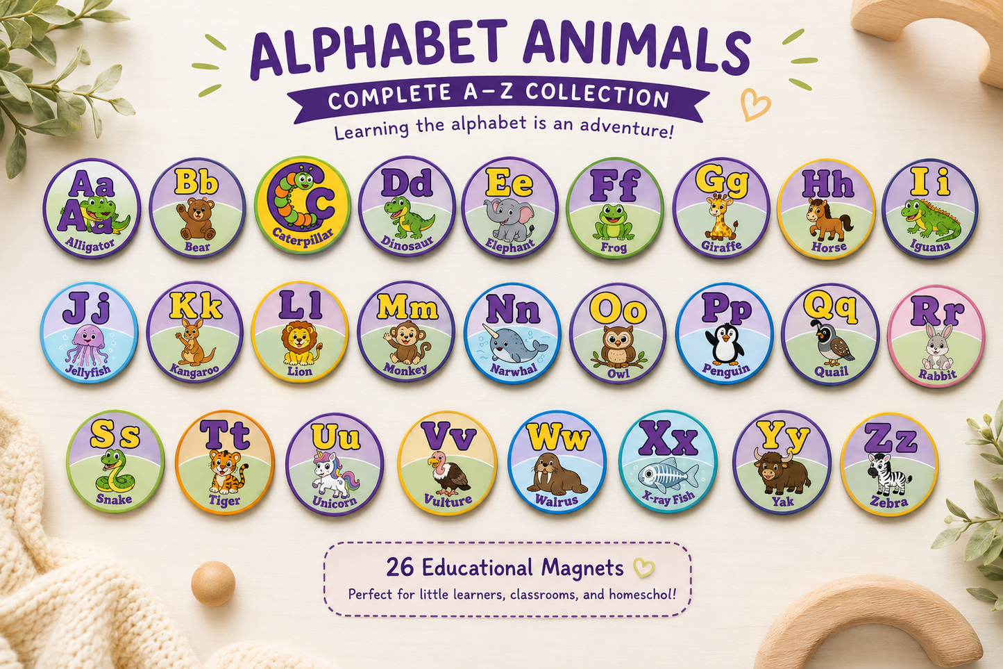 Alphabet Animals Collection – 58mm Educational Photo Magnets | A–Z Learning Magnets