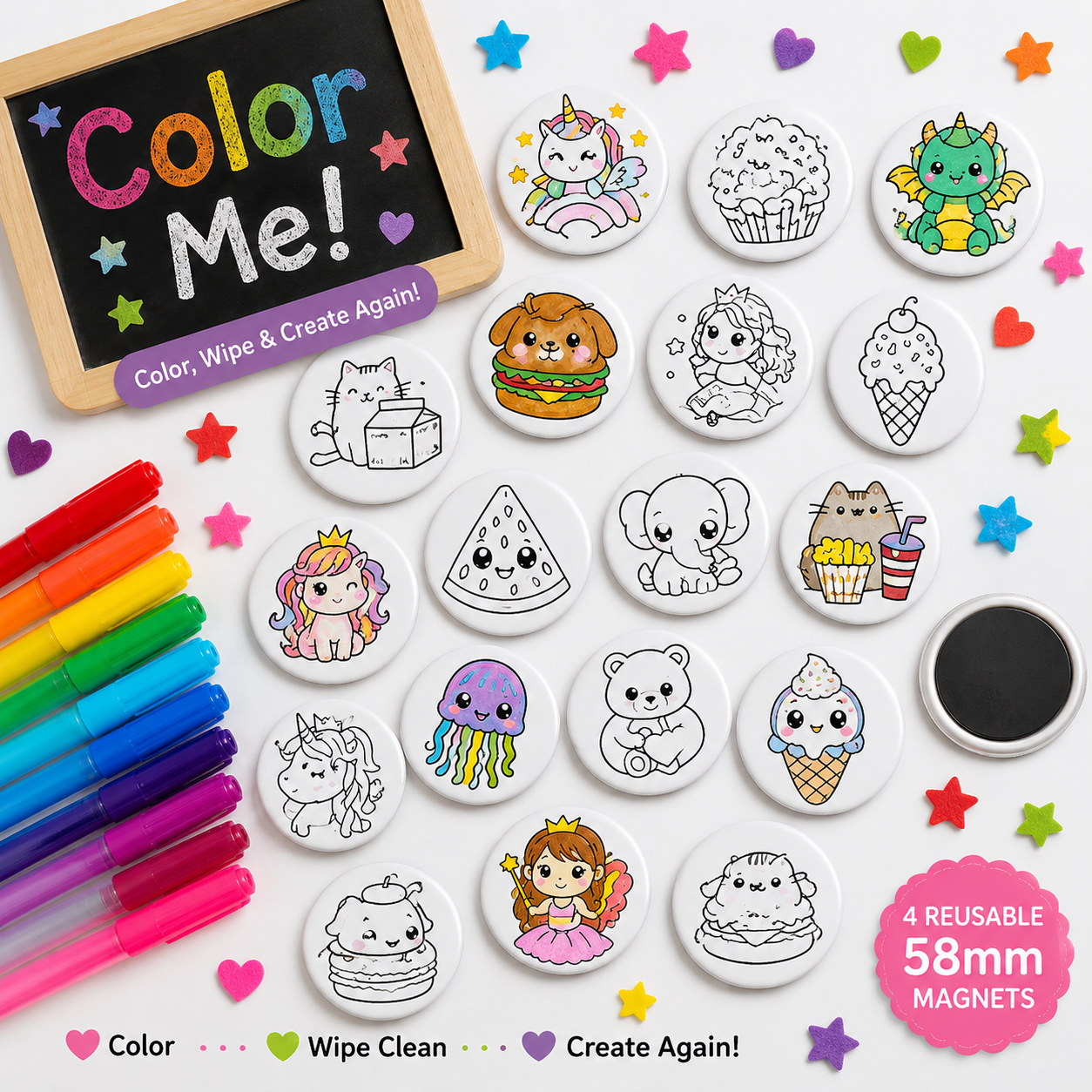Color Your Own Surprise Magnet Kit | 4 Reusable 58mm Magnets + Washable Watercolor Markers