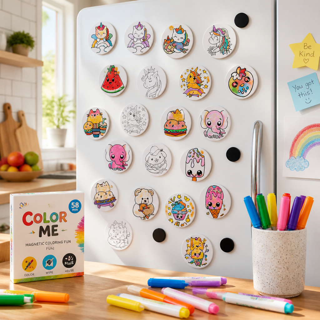 Color Your Own Surprise Magnet Kit | 4 Reusable 58mm Magnets + Washable Watercolor Markers