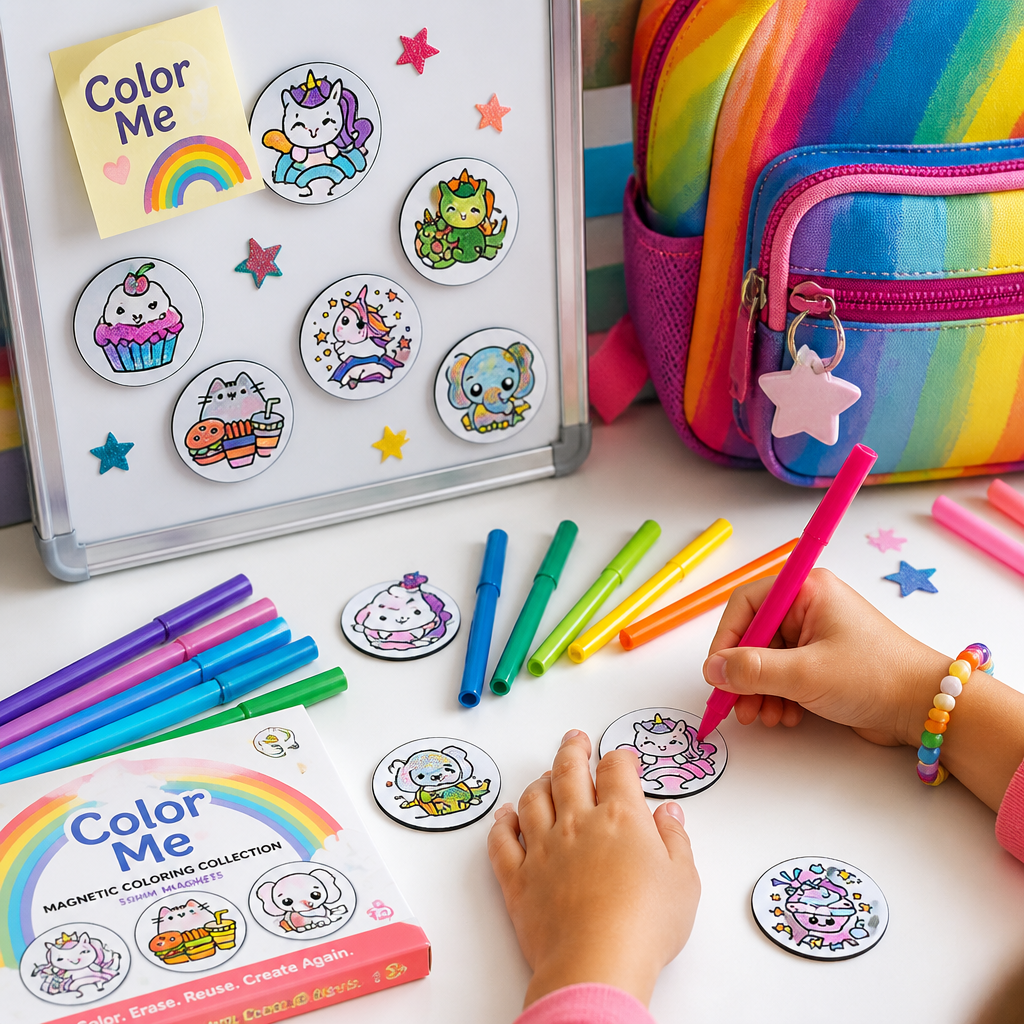 Color Your Own Surprise Magnet Kit | 4 Reusable 58mm Magnets + Washable Watercolor Markers