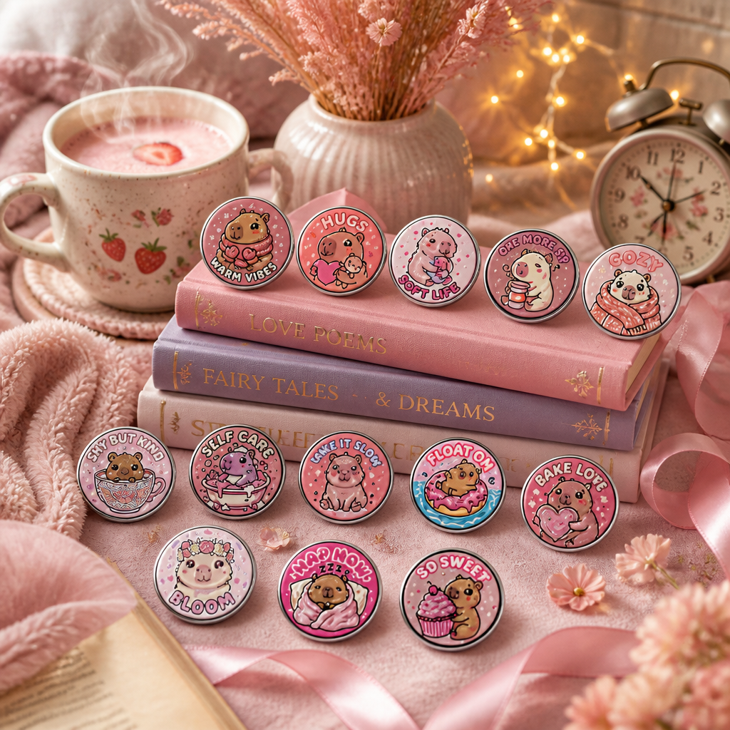 Pink Capybara | Sweet Snacks & Cozy Vibes | Build Your Own Set of 3 | 37mm (1.5") Button Pins