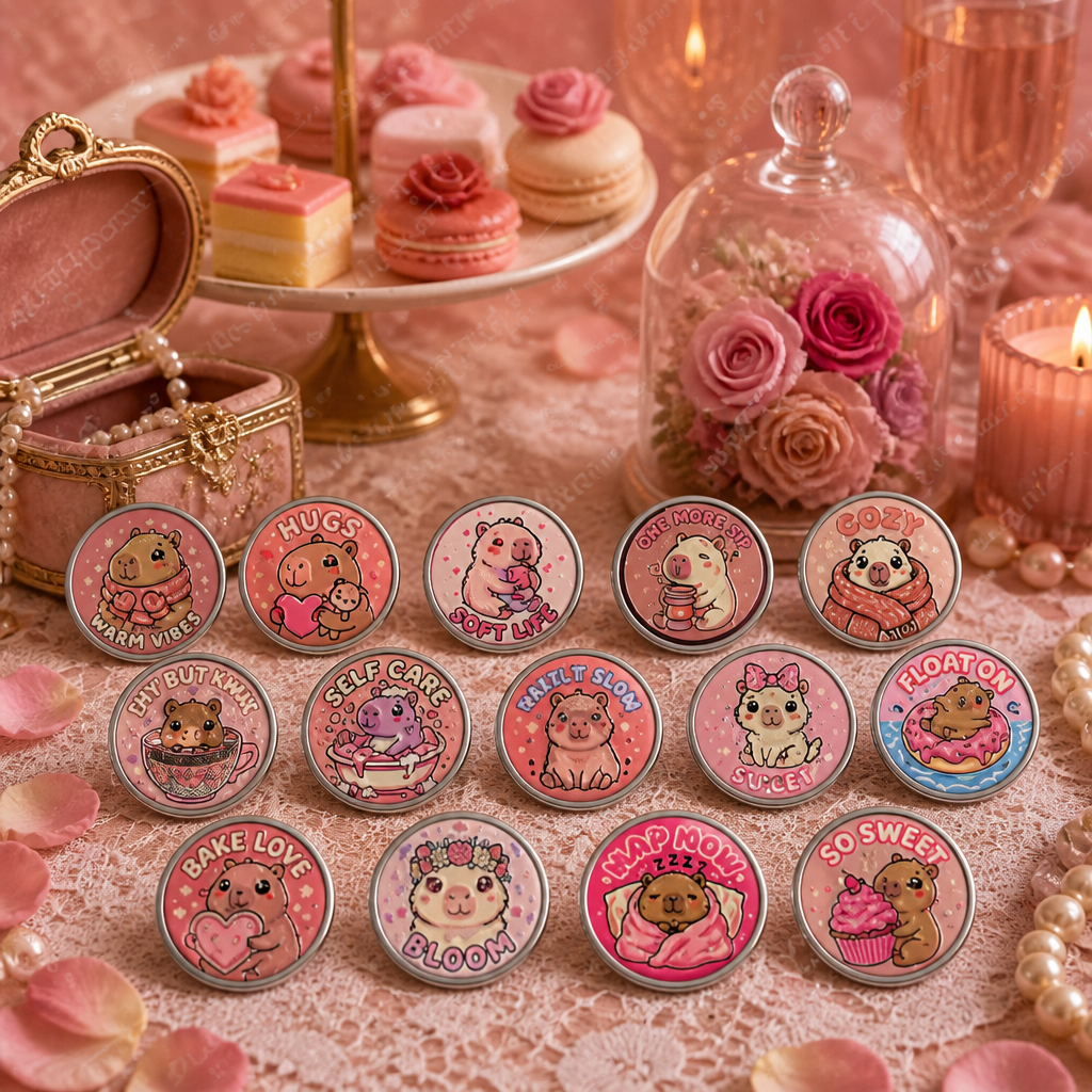 Pink Capybara | Sweet Snacks & Cozy Vibes | Build Your Own Set of 3 | 37mm (1.5") Button Pins