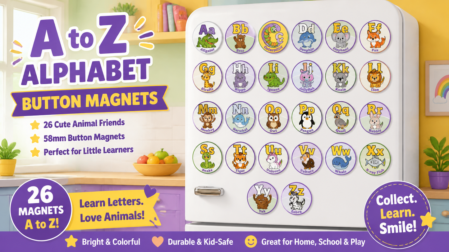 Alphabet Animals Collection – 58mm Educational Photo Magnets | A–Z Learning Magnets