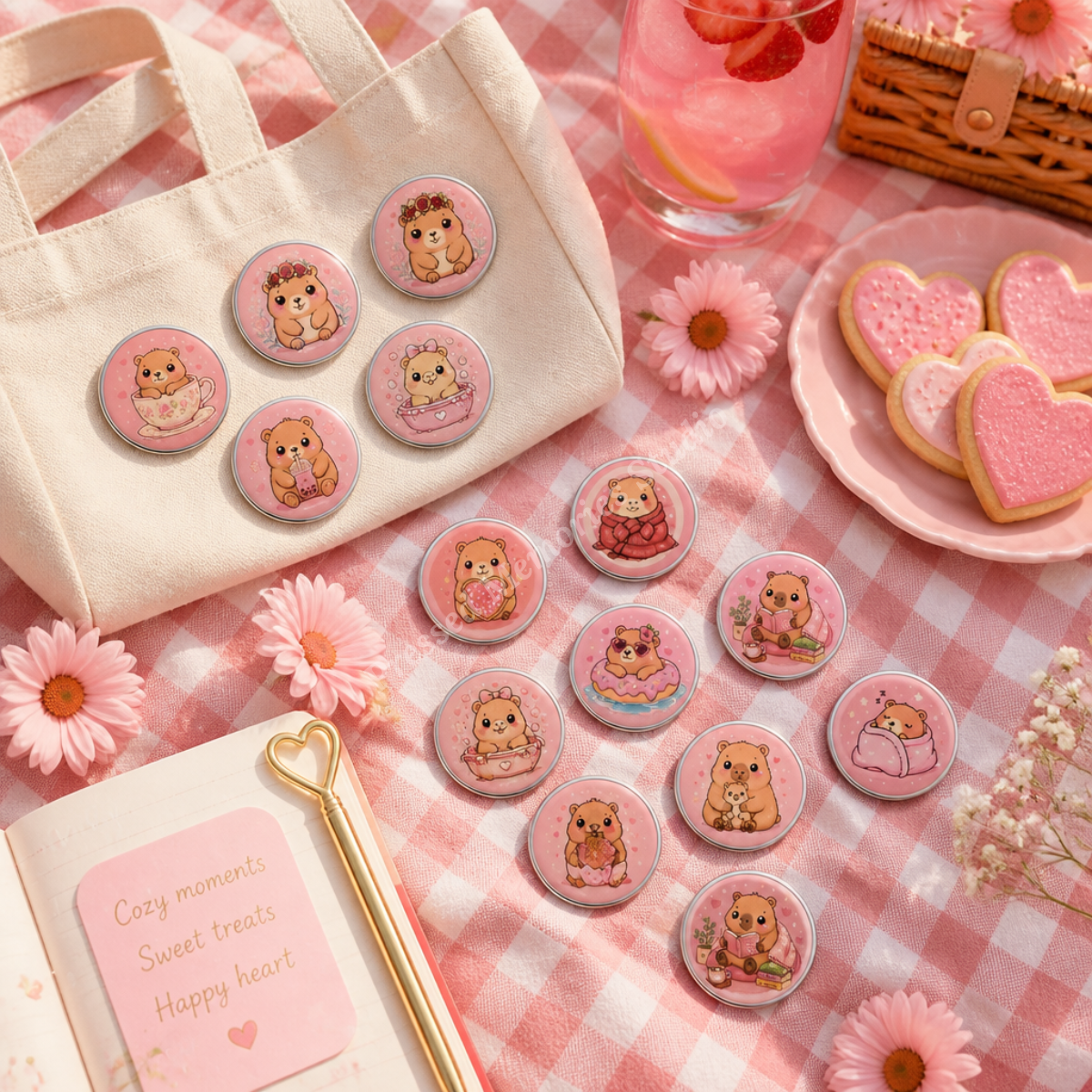 Pink Capybara | Cozy Days & Happy Hearts | Build Your Own Set of 3 | 37mm (1.5") Button Pins